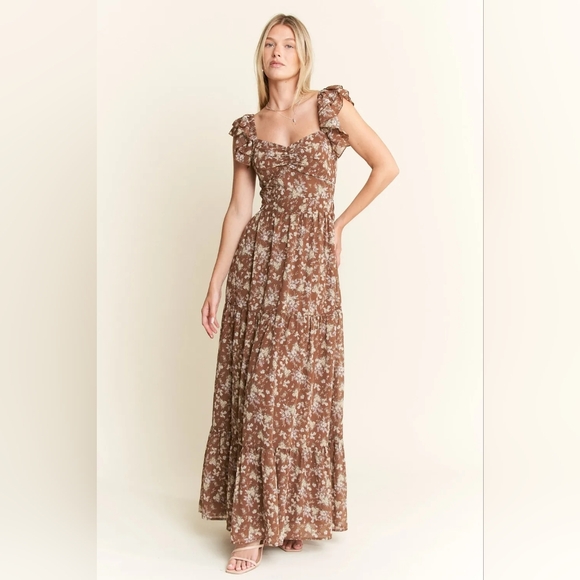 Dresses & Skirts - Romantic Brown Floral Maxi Dress | Garden Party & Wedding Guest Ready